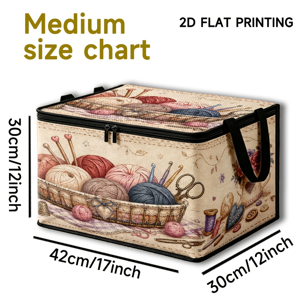 TEMU 1pc Retro Yarn Ball Printed Large Capacity Storage Box Hand Knitting Needle And Thread Tool Storage Box 2d Flat Printing Fabric Organizer Box