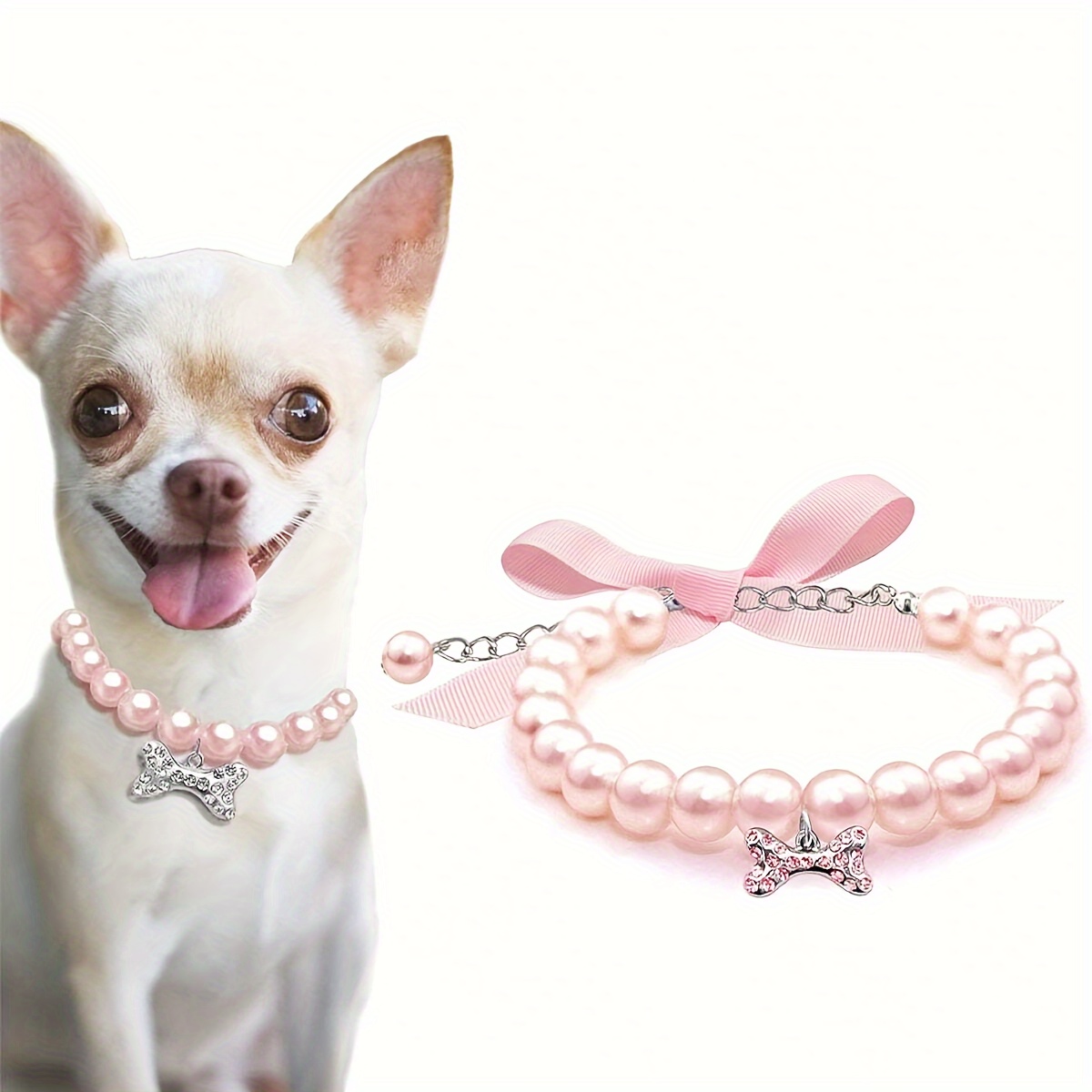 

Elegant Pink Pearl Pet Collar With Rhinestone Bone Charm - Cats & Small Dogs, Accessory