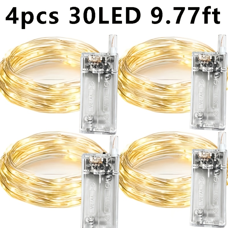 TEMU 4 luces LED de , funcionan con pilas, 10 pies, 30 LED, mini luces de luciérnaga con cable pilas para dormitorio, Navidad, boda, decoración de ,