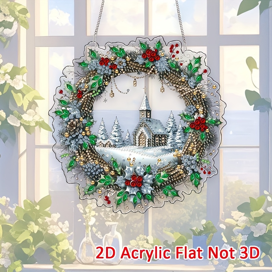 TEMU 2D Plat Schilderij Decor, Winterkrans Landschap Dubbelzijdig Onregelmatige Strass, Handgemaakte Stickers Leuke , Geschikt voor Bureau Thuisfeest