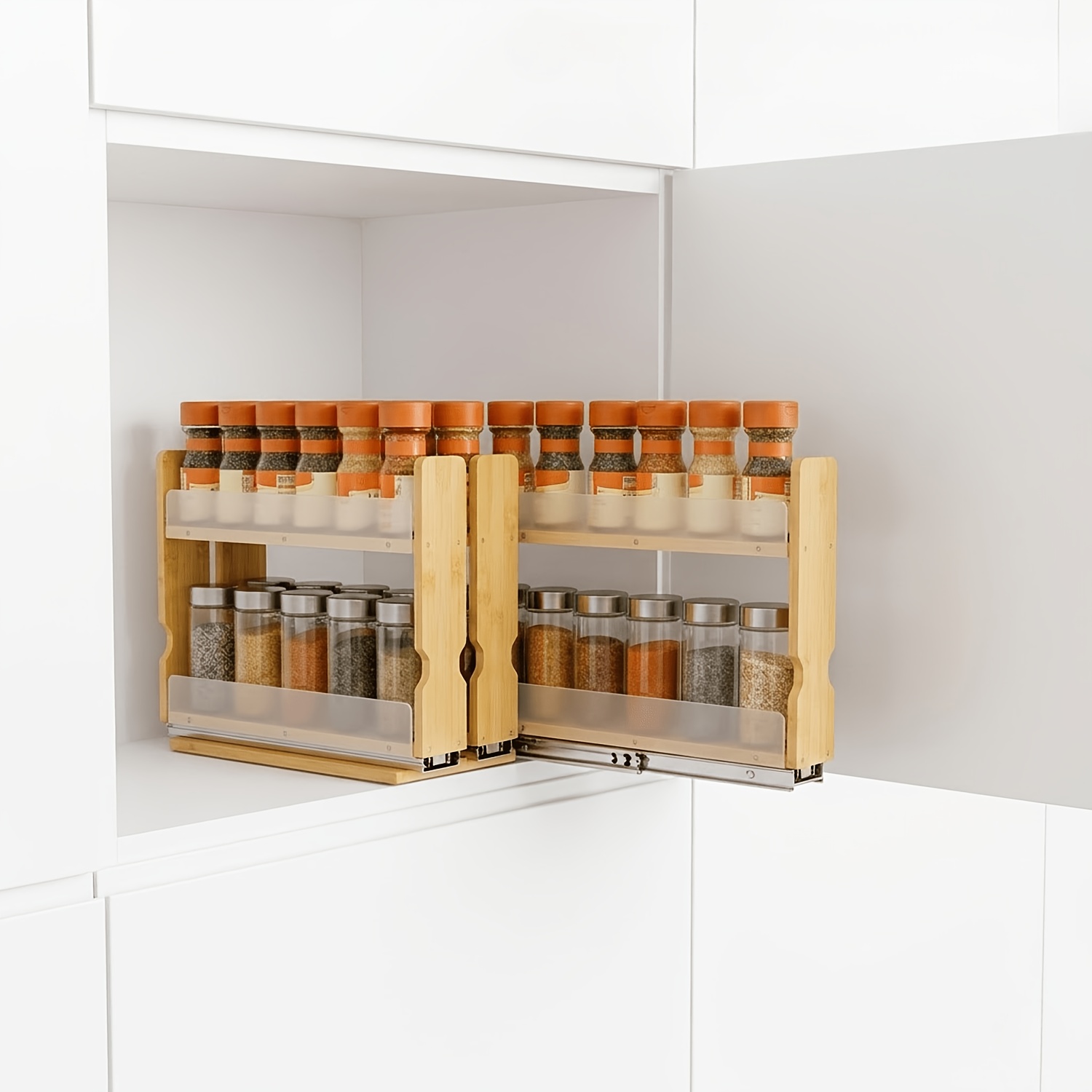 TEMU Bamboo Pull Out Spice Rack - Slide Out Seasoning Organizer For Cabinets, 8 Inch Narrow Design, Two-tier Vertical Storage, Heavy Duty Natural