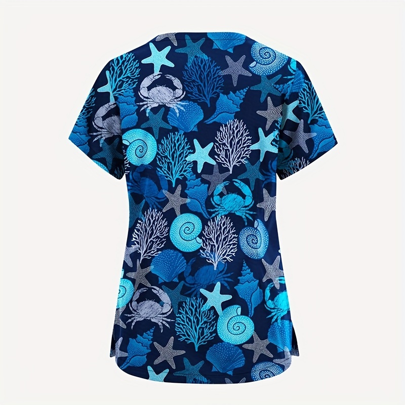 Cute Starfish Print Scrub Top, Comfortable & Functional Health Care ...