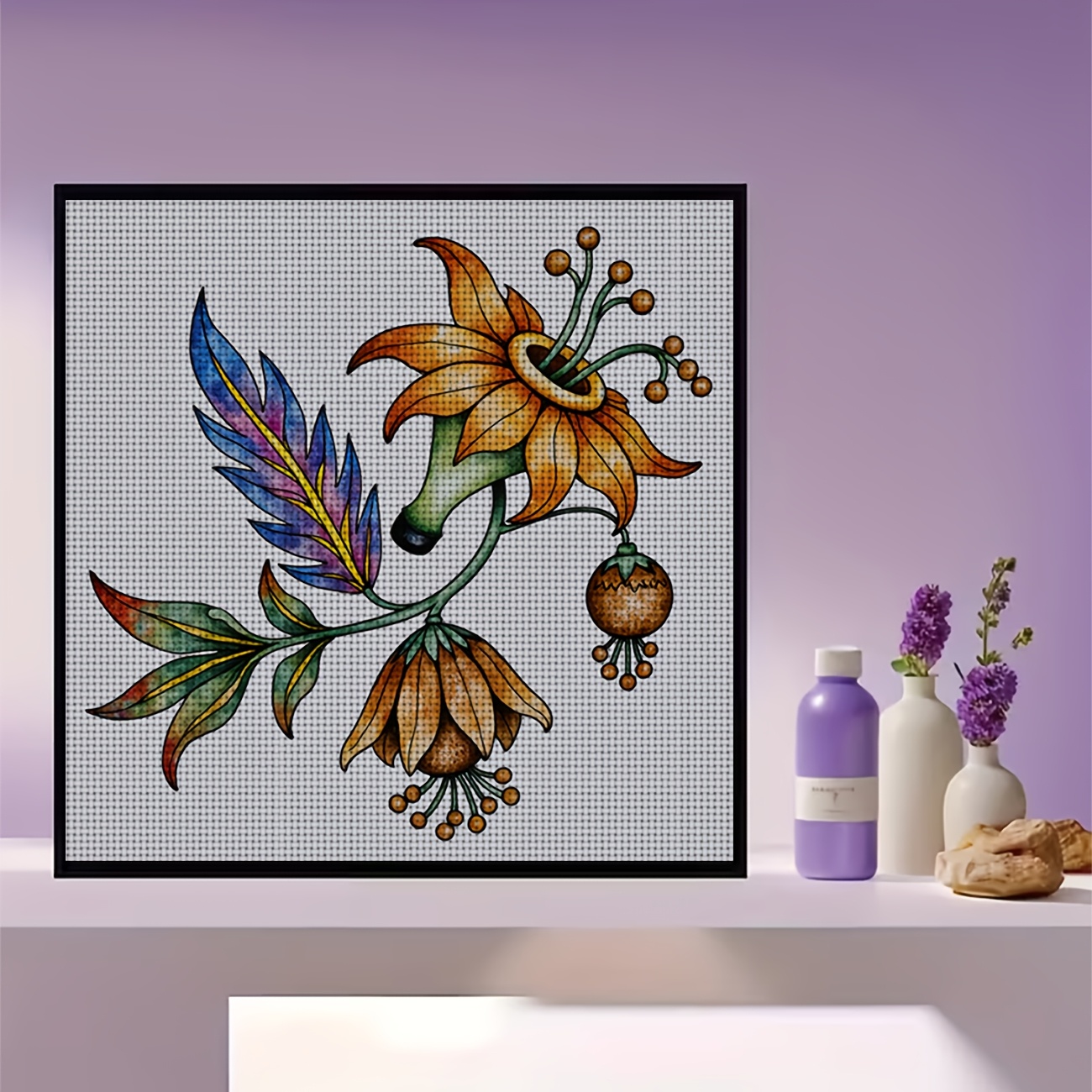 Cross Stitch Printed Kit, Frameless, Colorful Flowers with Feathers Design