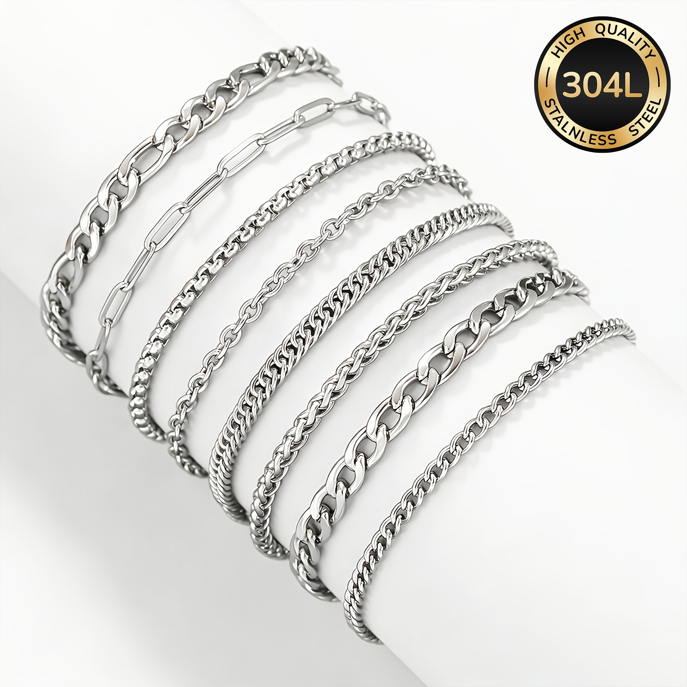 TEMU 8pcs 304l Stainless Steel Bracelet Set, Waterproof And Non-fading, Suitable For Men, Men's Jewelry Set, Fashionable Accessories, Suitable For