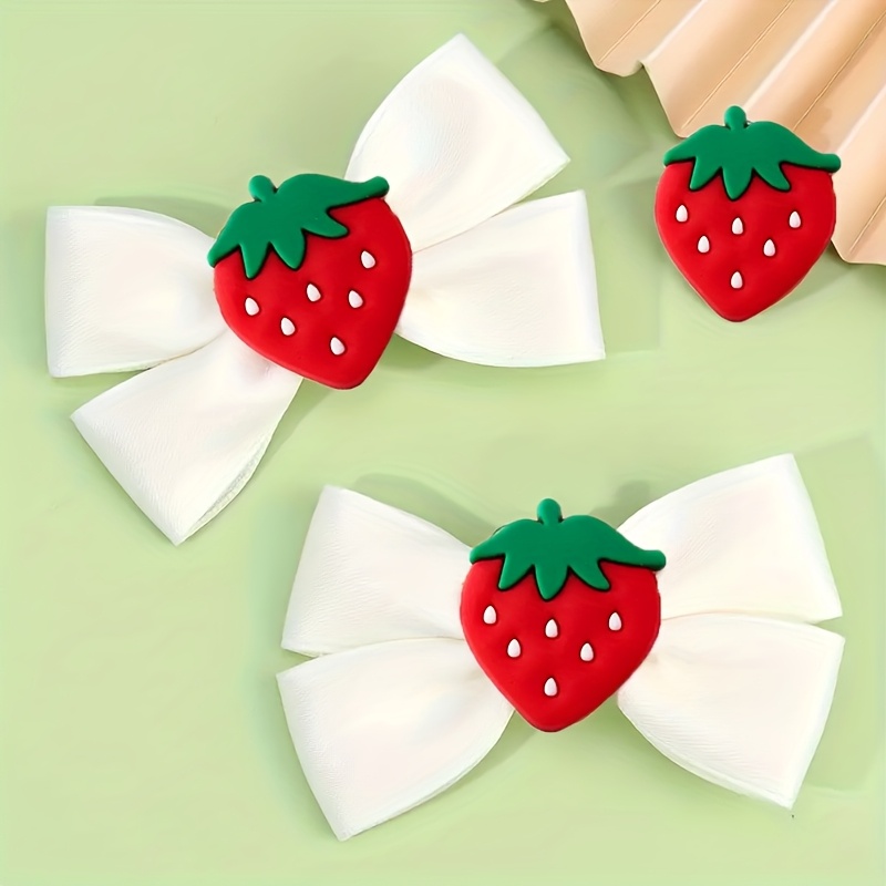 Image of 2pcs Set Of Cute Strawberry Bow Hair Clips - Red Strawberries With Leaf Headpieces, Suitable For Daily Wear, Parties, And Gifts