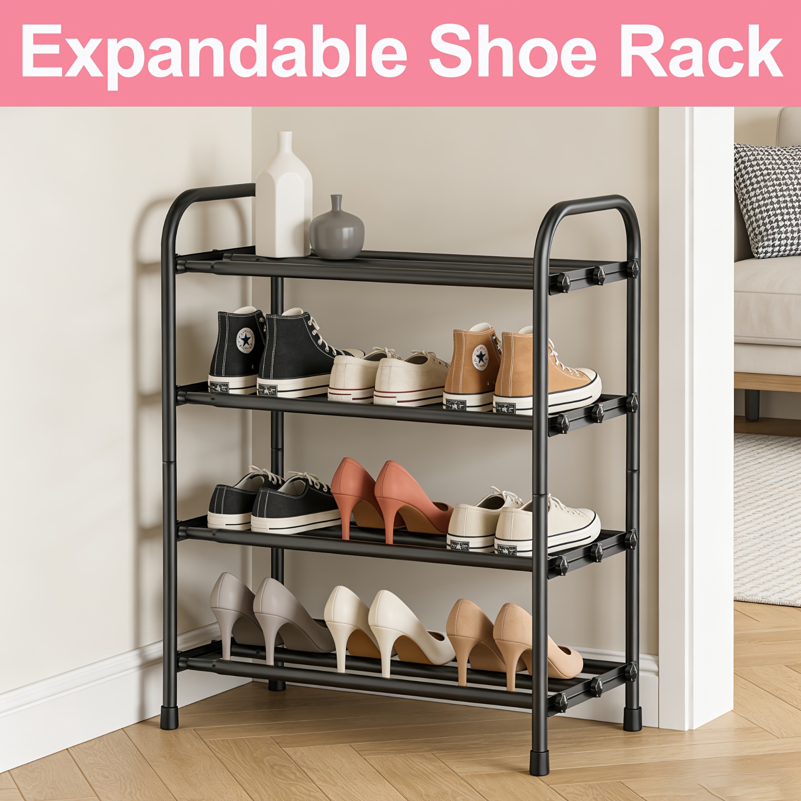Black Metal Shoe Rack Organizer With 4 Expandable Tiers, Perfect For Storing Shoes In Living Rooms, Bedrooms, And