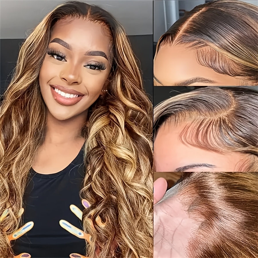 Glueless Human Hair Lace Front Wig With Hd Transparent Lace - Pre-plucked Baby Hair & Ombre Highlight (4/27), 200% Density Body Wave Looking Wigs Suitable For Women, No Glue Needed, Application