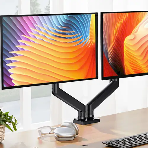 black dual monitor stand for 13 30 inch screens full adjustable ergonomic desk mount with c clamp grommet base gas spring swivel tilt rotation vesa 75 100 each arm holds 4 4 19 8lbs cable management monitor stand for desk