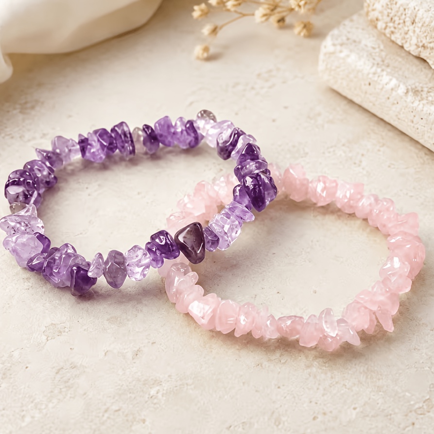TEMU 2pcs Set Handmade Bracelet With Natural Amethyst And Chips, Sweet-style Stretch Bangle, Suitable For Daily And Vacation Wear, Mixed And Layered