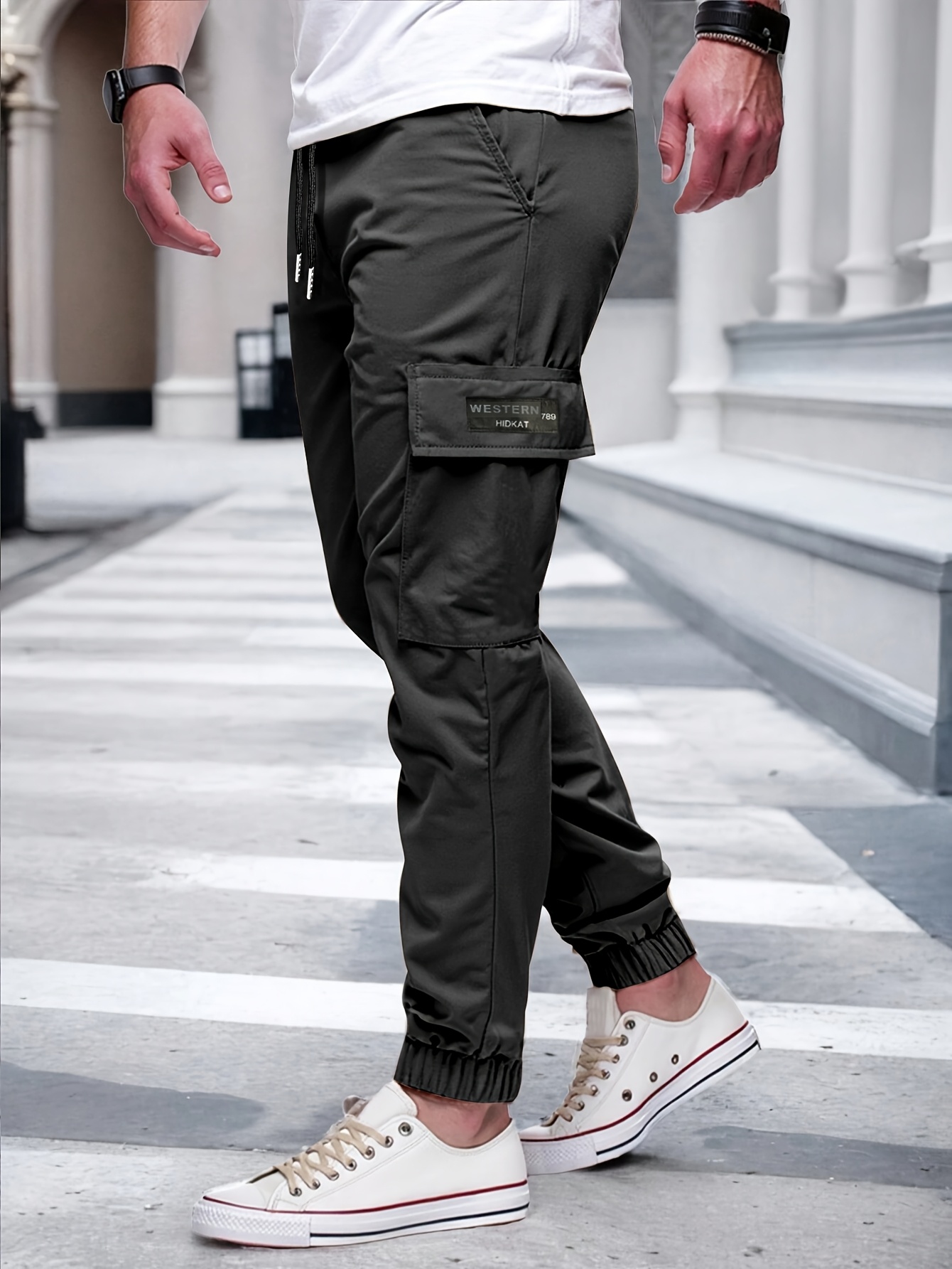 mens casual solid color cargo pants with elastic waist and side pockets comfortable for outdoor activities regular fit details 1