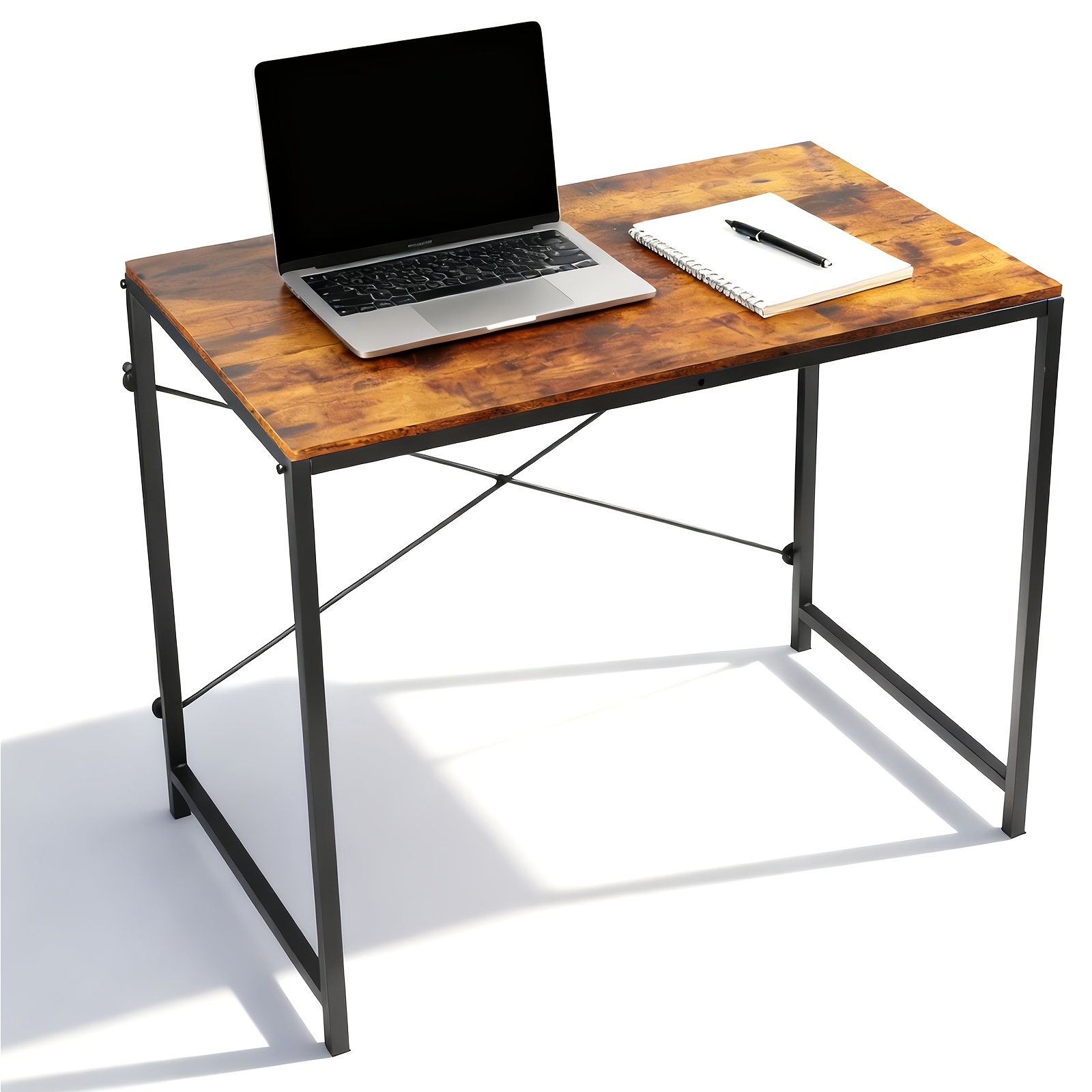 TEMU Small Home Office Desk | Space-saving Desk With Sturdy X-leg Metal Frame & Caramel End - Easy Assembly Writing Table For Small Spaces, Apartment, Dorm