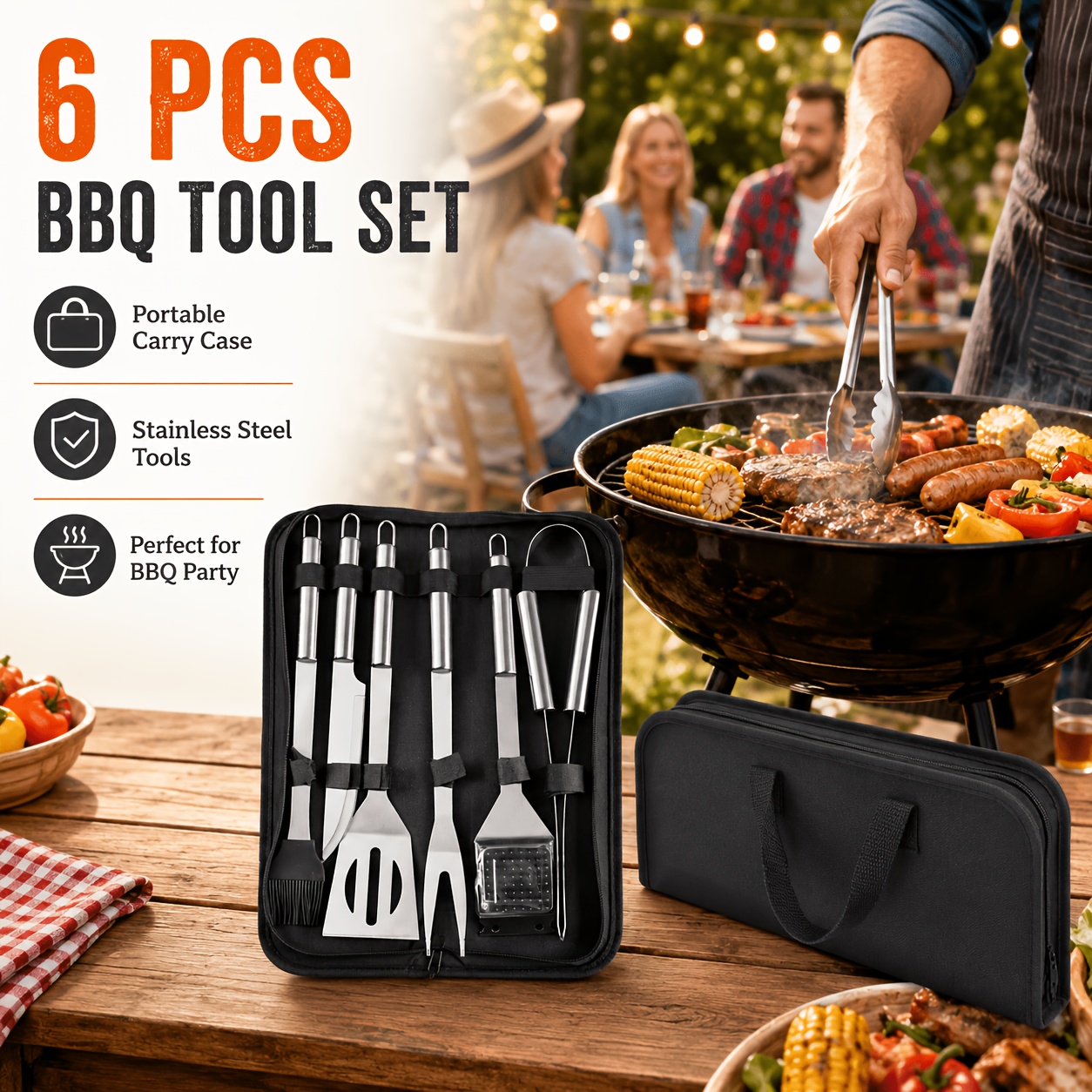 TEMU 6pcs Stainless Steel Bbq Grilling Tools Set, Portable Barbecue Utensil Kit With Storage Bag, Practical Grill Additions For Outdoor Grill,
