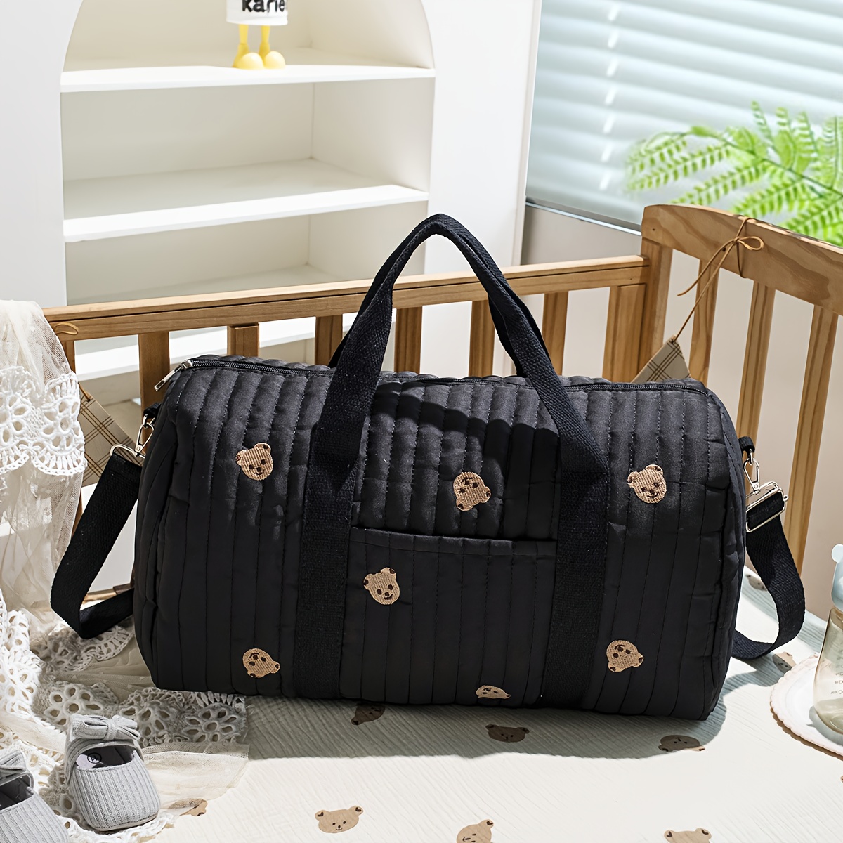 1 Bolso de Pañales de Viaje; Bolso de Hombro Bordado de Gran Capacidad para Maternidad, Bandolera Multifuncional con Diseño de Oso para Salidas, Organizador de Uso Múltiple