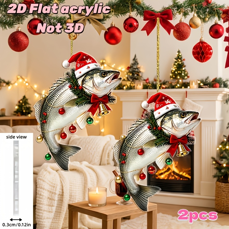 TEMU 2d Flat, 2pcs Cute And Fun Fish Acrylic Christmas Ornaments - Fish Wearing A Santa Hat And Bow Wreath, With Christmas Balls Hanging On Its Body,