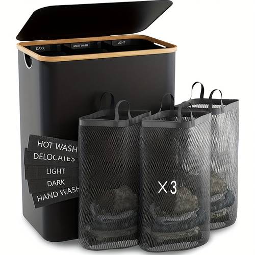 160l large capacity laundry basket with three independent inner pockets suitable for summer graduation season storage foldable design black gray detachable storage bag large dirty clothes bucket corner design with 5 classification tags home organizing assistant suitable for bedroom bathroom and use laundry baskets