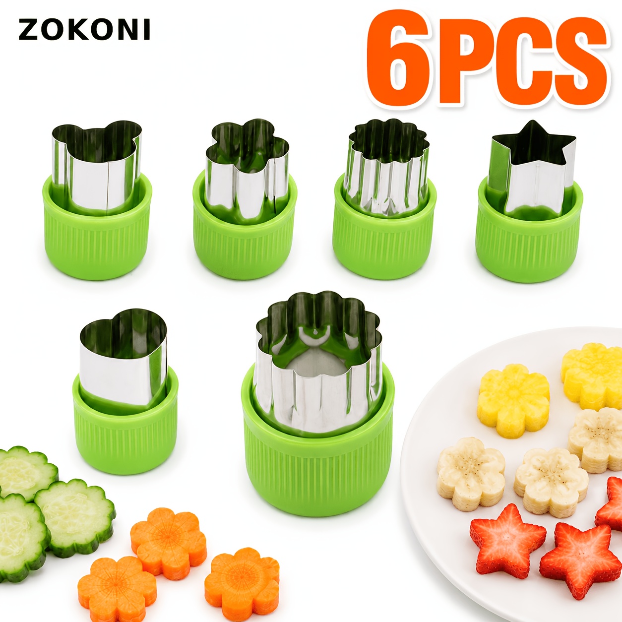 TEMU ZOKONI Juego de 6 cortadores de verduras verdes, cortador de frutas, para cortar verduras, frutas, sándwiches y formas de bento para la