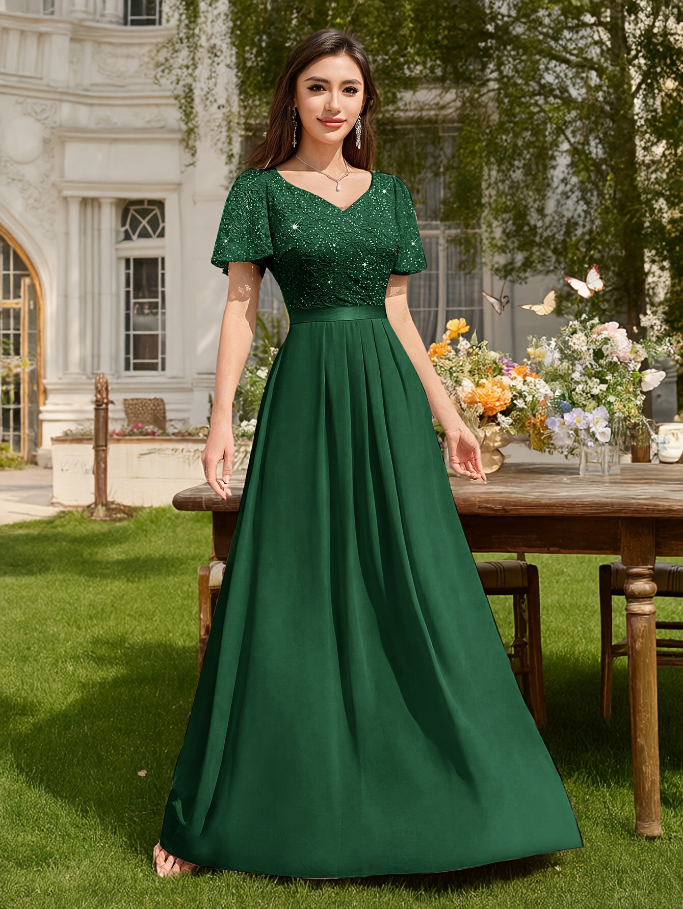 european end evening gown v neck short sleeves