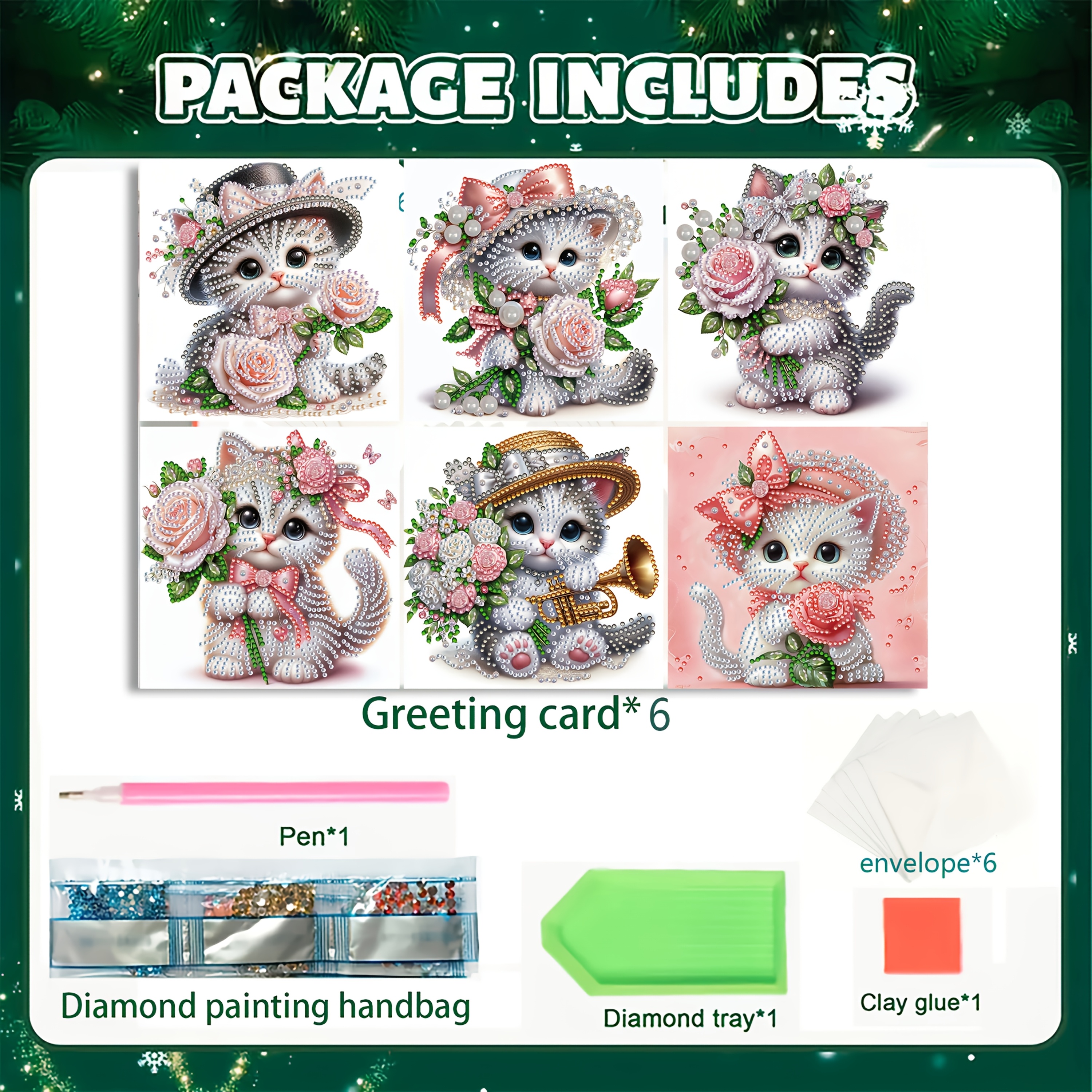 TEMU 6pcs Diamond Painting Cute Cat And Flowers Themed Greeting Card Kit, Unique Diy Diamond Painting Kit With Animal And Floral , High-quality Craft