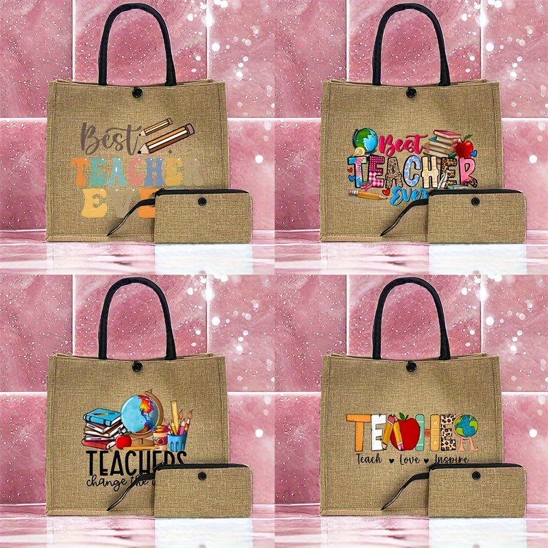 

2pcs Cartoon Letter Pattern Tote Bag Set, Gift For Teachers, Lightweight Burlap Shopping Bag, Portable Travel Beach Bag With Makeup Bag