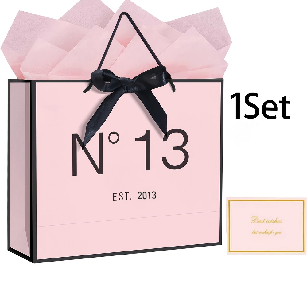 E-shop 1/2/5 Sets Elegante Nummer 13 Hochzeits- & Party-Geschenktüten-Set mit Schleifenbändern, passende Karten - Leuchtend rosa Papiertüten geeignet