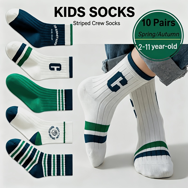 TEMU 10 Pairs Crew Socks - Soft Breathable Striped Letter Print Suitable For Sports,, Casual Attire | Machine Washable Socks With Cushioning Suitable