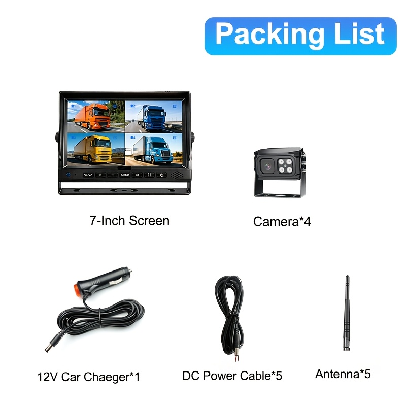 7 Inch Monitor 4CH Wireless Backup Camera System with DVR Recorder for Engineering Vehicle/Truck