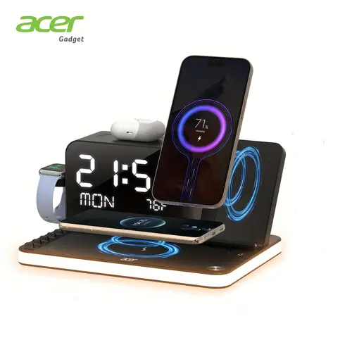 7 in 1 dual phone wireless charging station with night light phone holder phone time week temperature display 30w adapter for iphone and iwatch fast charging dock with wired output