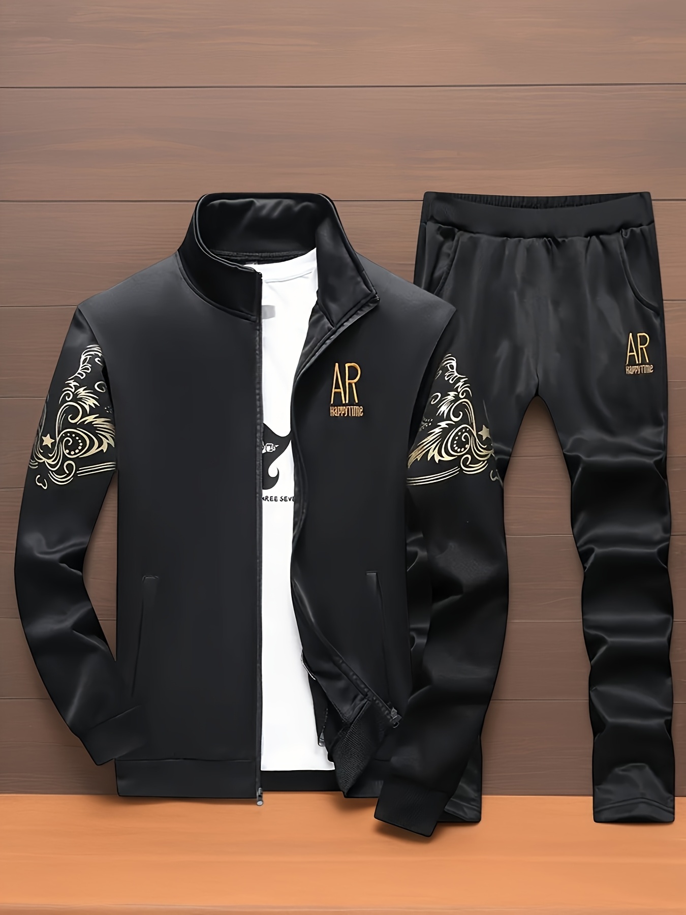2pcs Youth New AR Embroidered Jacket and Pants Set, 100% Polyester, Non-Stretch Warm Long Sleeve Trousers Sports Suit, Suitable for Jogging, Cycling, Outdoor Walkin, for Outdoor