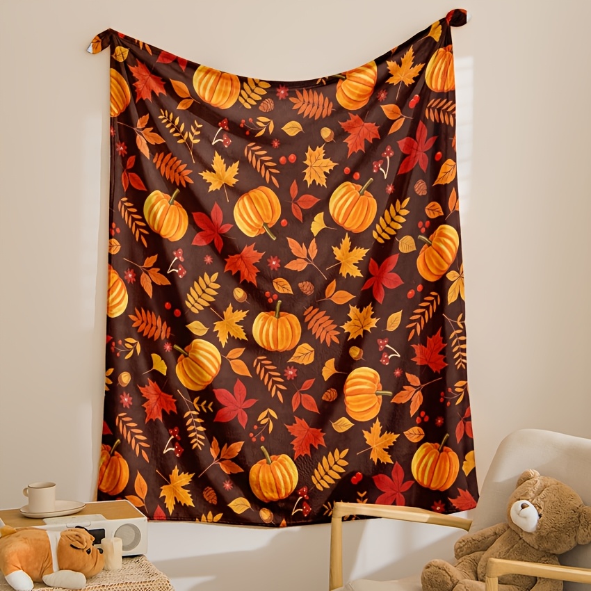 TEMU 1pc Autumn Blanket, Maple Leaf And Pumpkin Pattern, Theme, Soft, Warm, Comfortable Flannel Blanket, Autumn Blanket, Sofa Blanket Or Bedroom