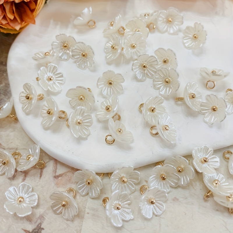 

10pcs 10mm Acrylic White Shell-like Pearl Flower Buttons, Golden Finish, Fashion Accessory For Cheongsam, Tang Jacket, Cardigans, Traditional Chinese Shirt