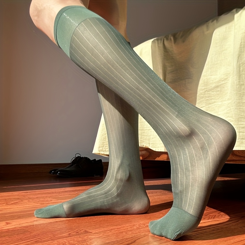 TEMU Men's Wide Striped Black Dress Socks - Polyamide Blend, Mid-calf Length, Knit Fabric, Hand Wash Only, Office Socks|striped Socks|stretchy Fabric