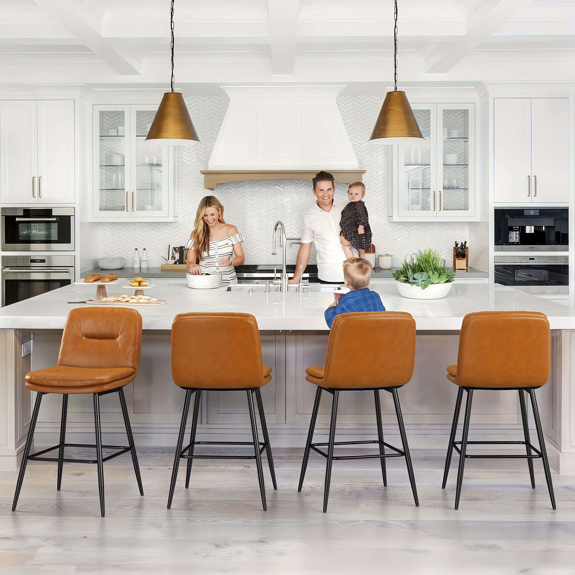 Swivel Bar Stools Set Of 2,Counter Height Bar Stools,Upholstered Bar Chair With Bamboo Legs,Low Back Counter Stools For Kitchen Island (Beige-Pu