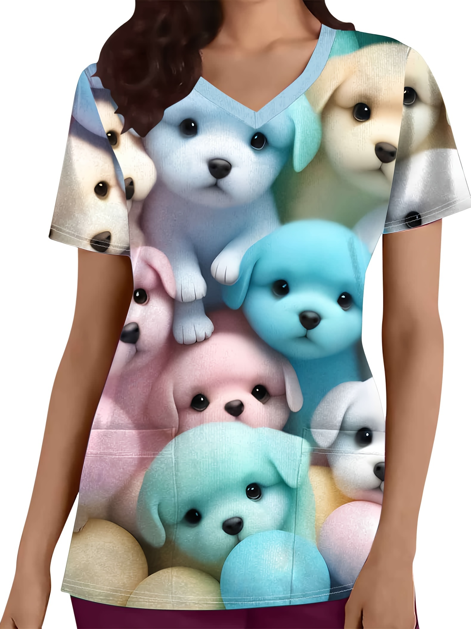 Sevimli Köpek Desenli Kısa Kollu Esnek Hasta Üstü, Hemşireler İçin Rahat ve Fonksiyonel Sağlık Personeli Üniforması, Kadın Giyim