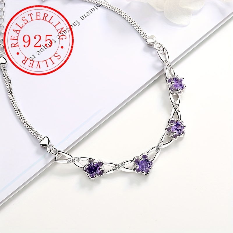 

Luxury 925 Sterling Silver Plum Bracelet, Silver-plated Zircon Inlay Flower Link Chain, Daily & Gift-ready Elegance, 5.2g/0.18oz