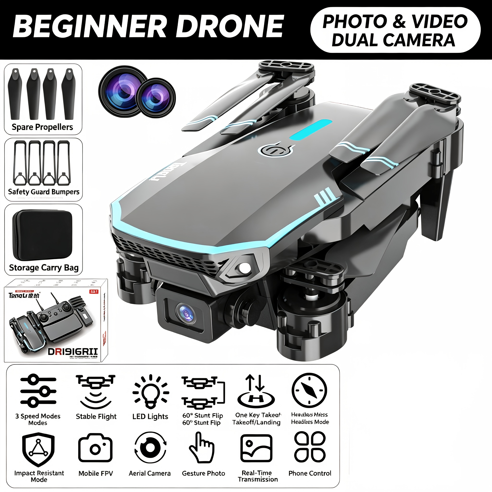 TONG LI Remote Control Airplane for Adults, Portable Foldable Quadcopter Drone, No Camera/Single Camera/Dual Camera Options, Gift, HD Aerial Photography, Headless Mode, 3D Flips, Electronic Gyro Stabilization, Gesture Selfie, Waypoint Flight, One-Key