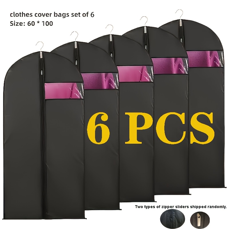 TEMU 6pcs Premium Garment Bags, Suitable For Suits, Dresses, Coats, Jackets, And Evening Gowns, With 6pcss Zippers, Clear Window, Washable And