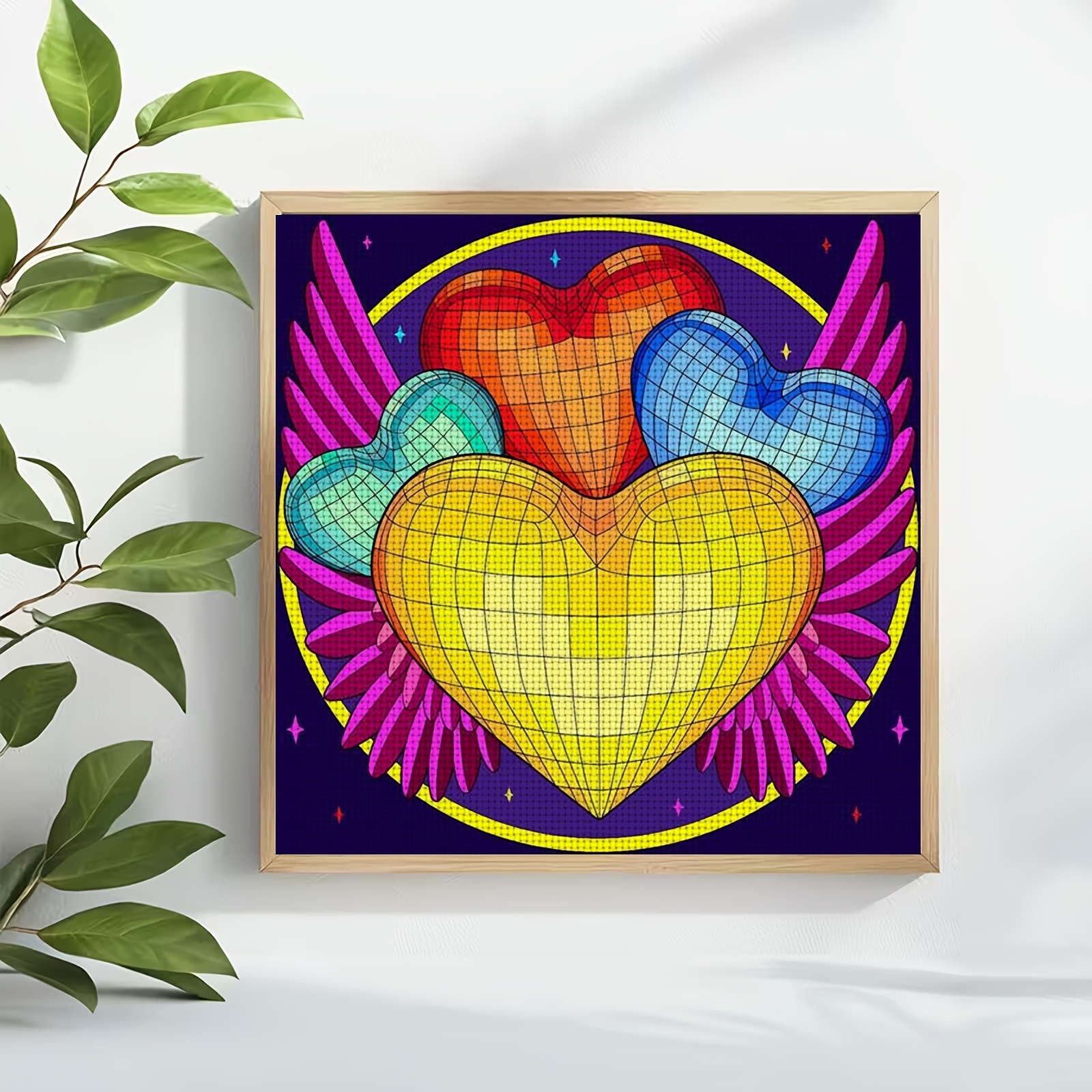Cross-Stitch Printing Kit, Colorful Winged Grid Heart Design for Beginners