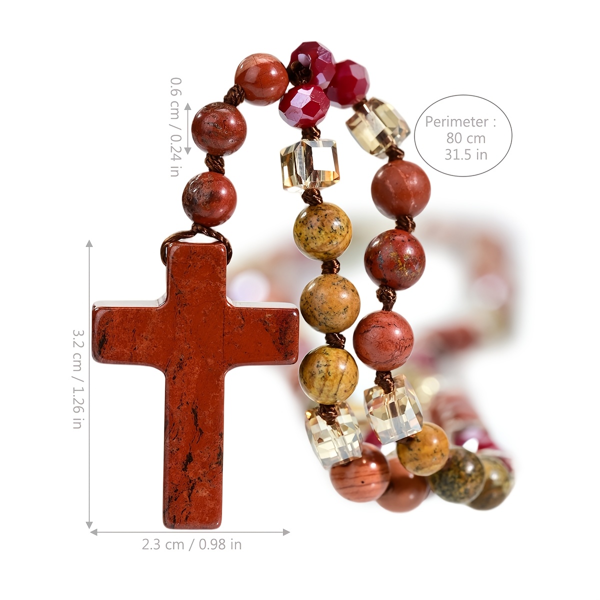 Women's Boho Red Jasper Cross Long Pendant Necklace, Vintage Handmade