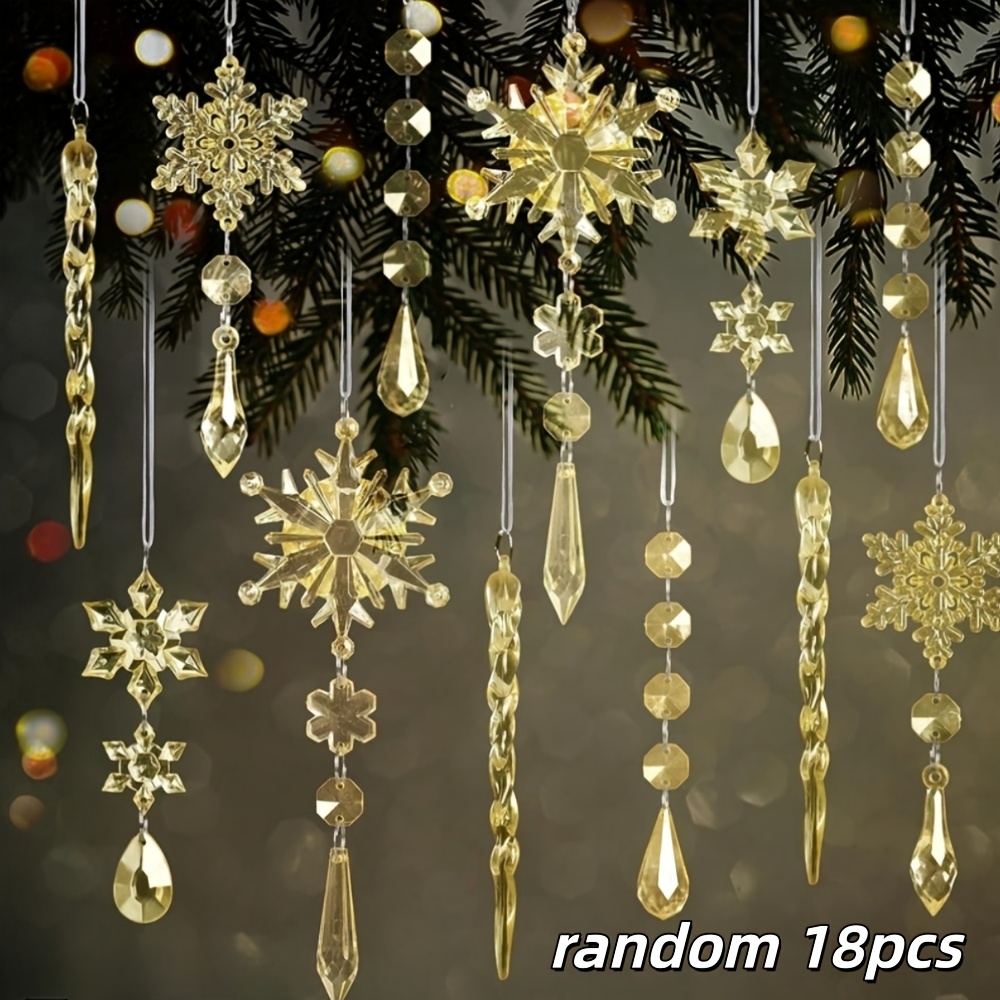 TEMU Random 18pcs, Sparkling Christmas Ornaments Set, Golden Christmas Hanging Acrylic Festival Pendants Hanging Decorations, Snowflake And Icicle