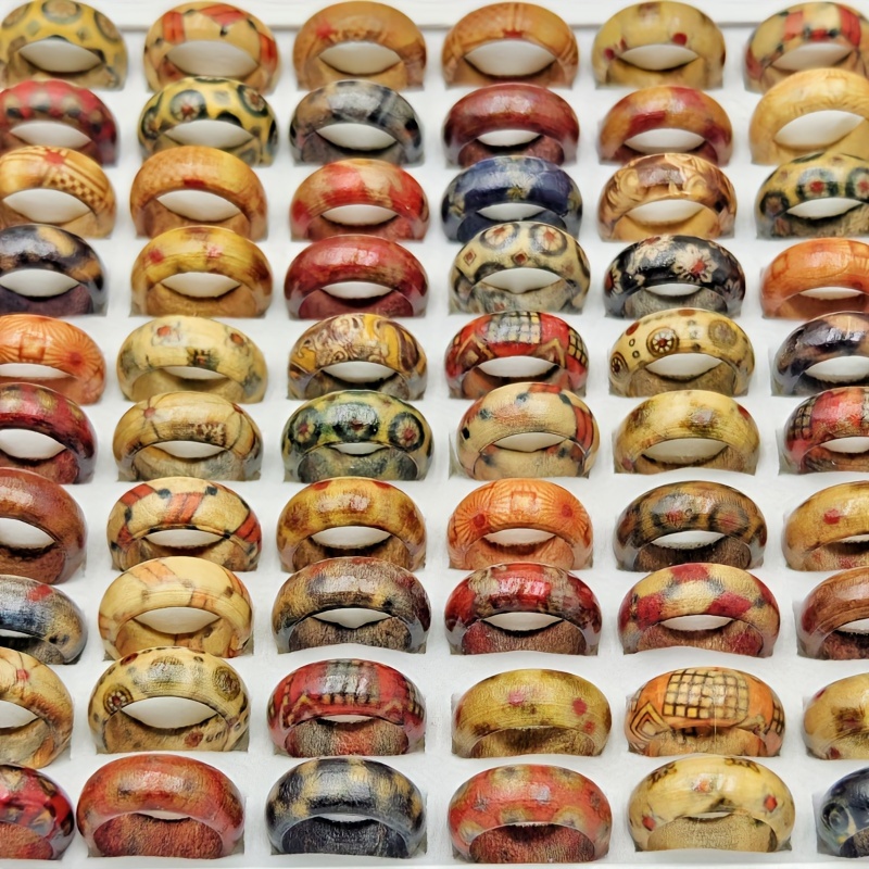 

10/20/30/40/50/100pcs, Ethnic & Classic Style, Printed Craft Pattern Wooden Ring, Fashion Creative Accessory For Daily Wear & Holiday, Idea Gift For Ladies