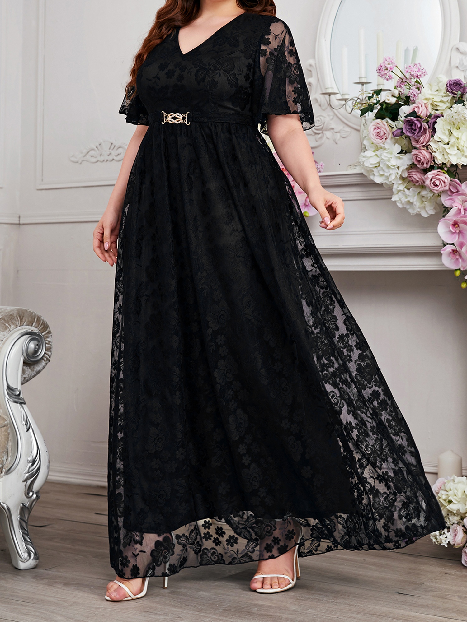 womens floral lace long dress half sleeve v neck plus size - Temu