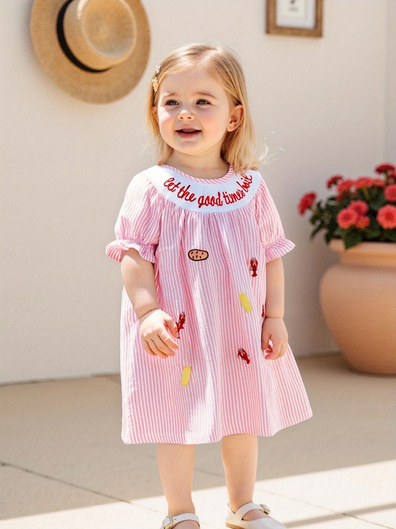 kids girls summer smocked dress embroidery striped print - Temu