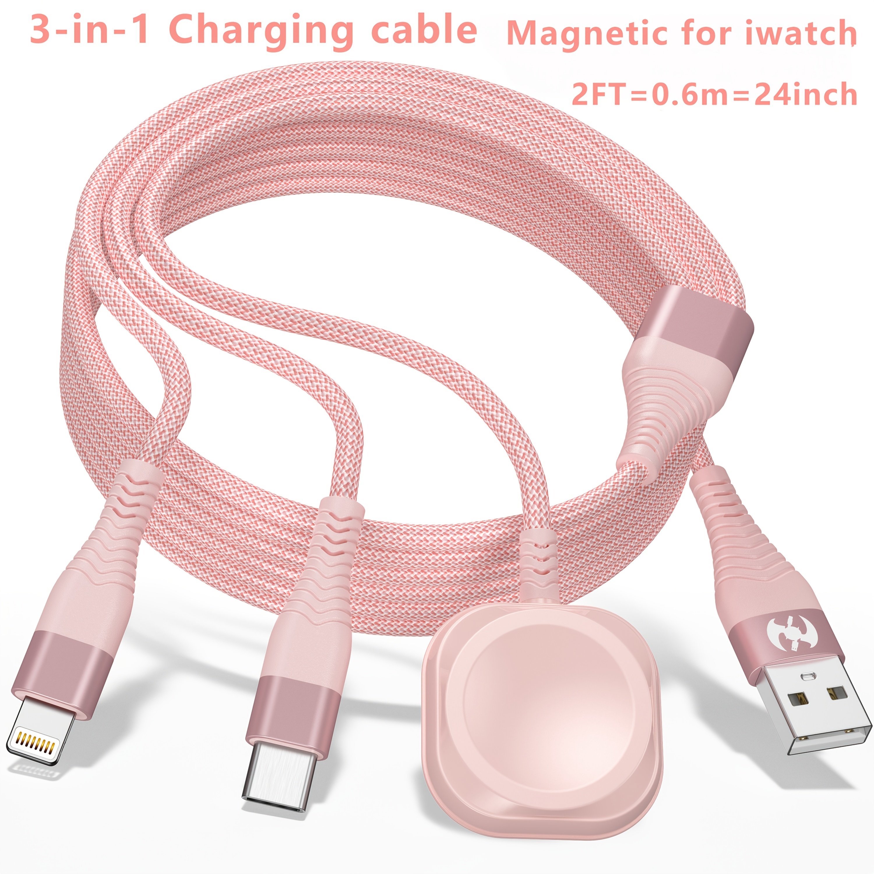 TEMU 0.6m Pink For Multi Charging Cable Nylon Braided Usb Am Port To Lightning Type C And For Iwatch Magnetic Wireless Charger 3 In 1 Fast Charging Wire For Iphone Phone And For Iwatch
