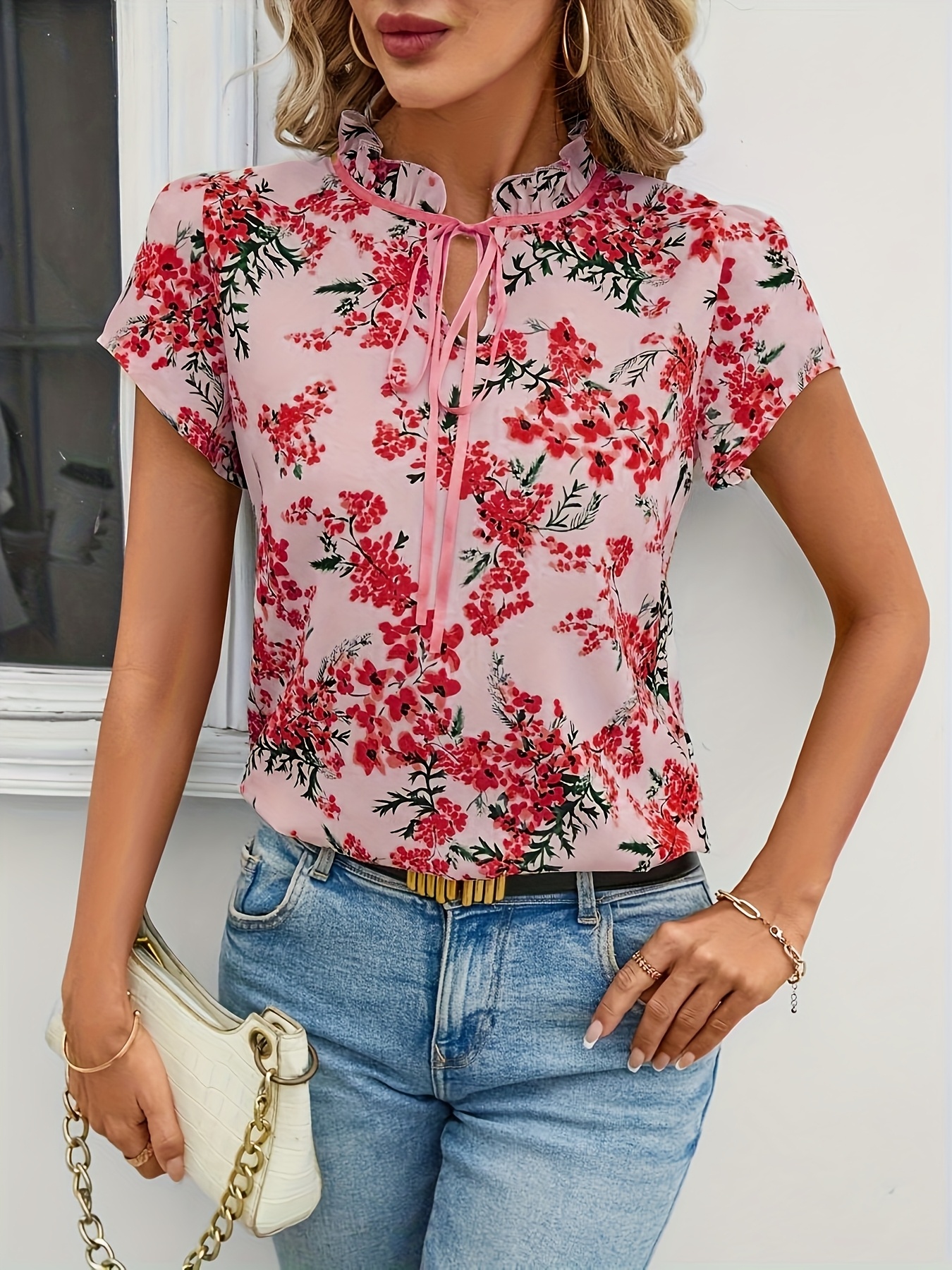 blusa elegante manga corta estampado floral mujer cuello Temu El