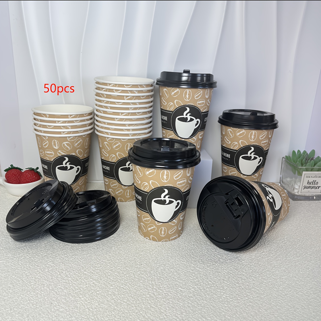 Image of 20/50pcs 12oz Thick Disposable Paper Cup, Sturdy Coffee Hot Drink Paper Cup With Lid, Latte Milk Tea Cup, Party Supplies