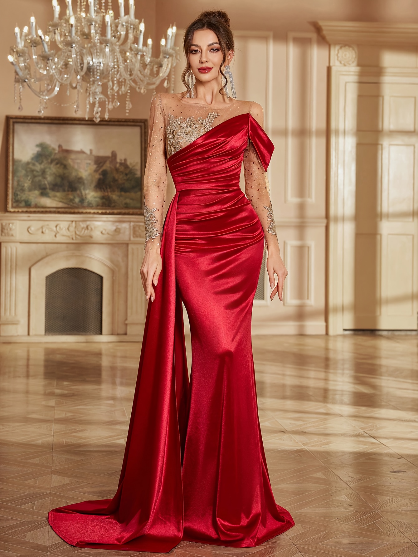 Elegant Off-Shoulder Red Gown with Mesh Sleeves and Floral Embellishments  Long Formal Party Dress for Weddings and Special Occasions, Weddin