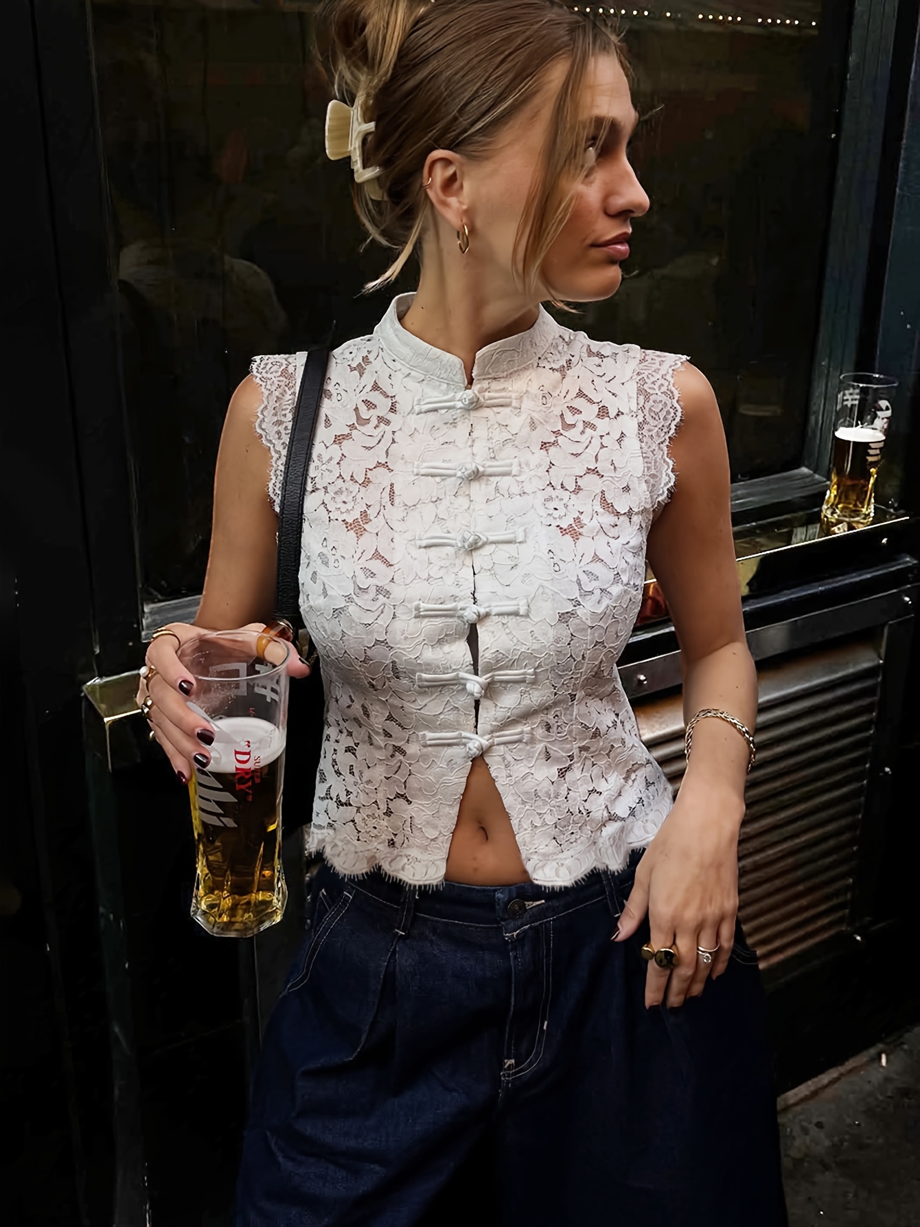 Camicia gilet stile cinese primavera/estate con colletto alla coreana abbottonato