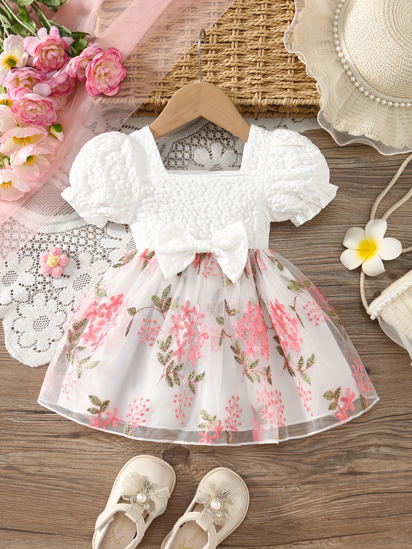 adorable robe barboteuse en tulle brodée fleurs filles Temu