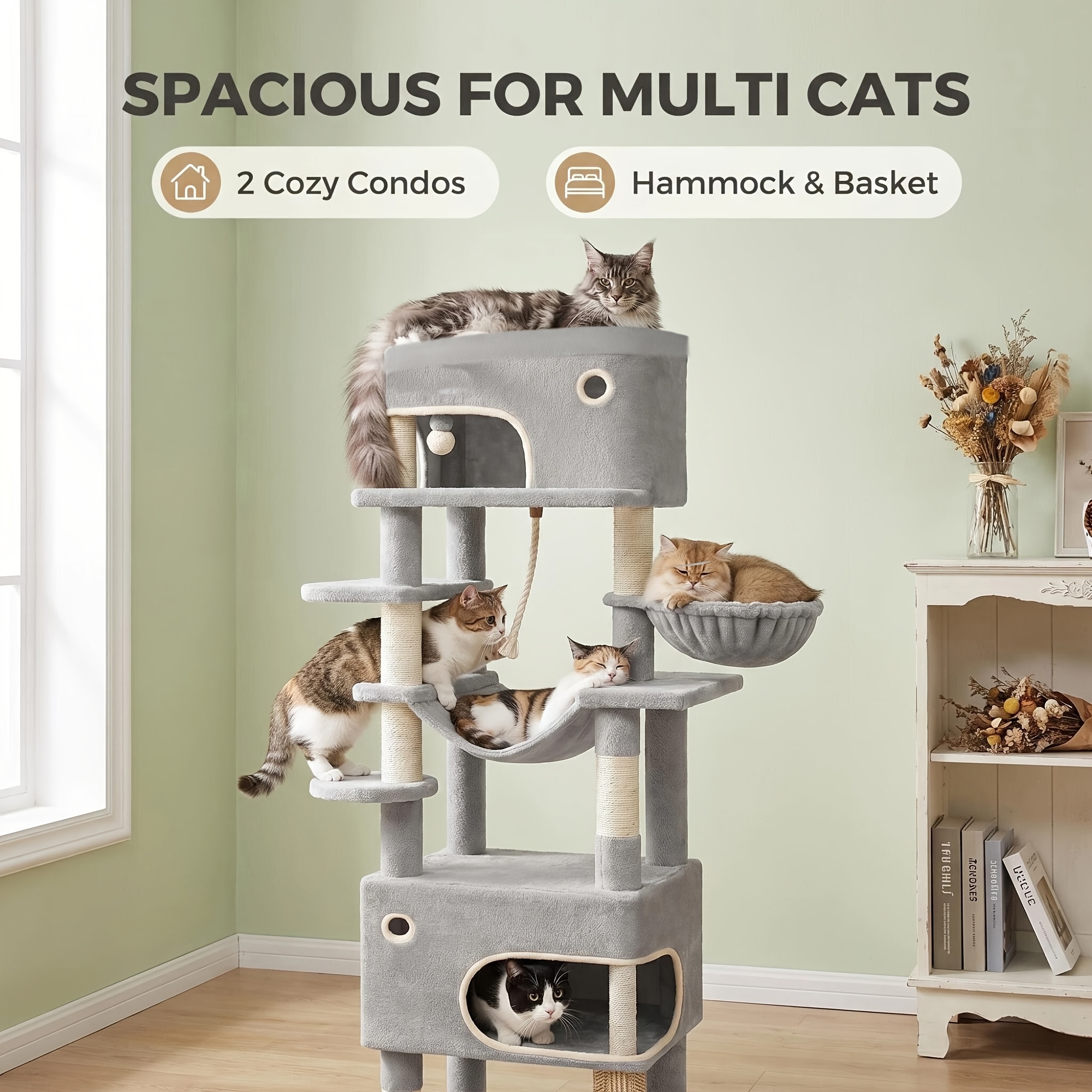 Image of 205cm Cat Tree, Cat Houses Suitable For Kittens, Adult Cats And Senior Cats, 7 Sisal Posts, Houses, A Large Platform, A Cat Basket, A Hammock And A Scratching Post