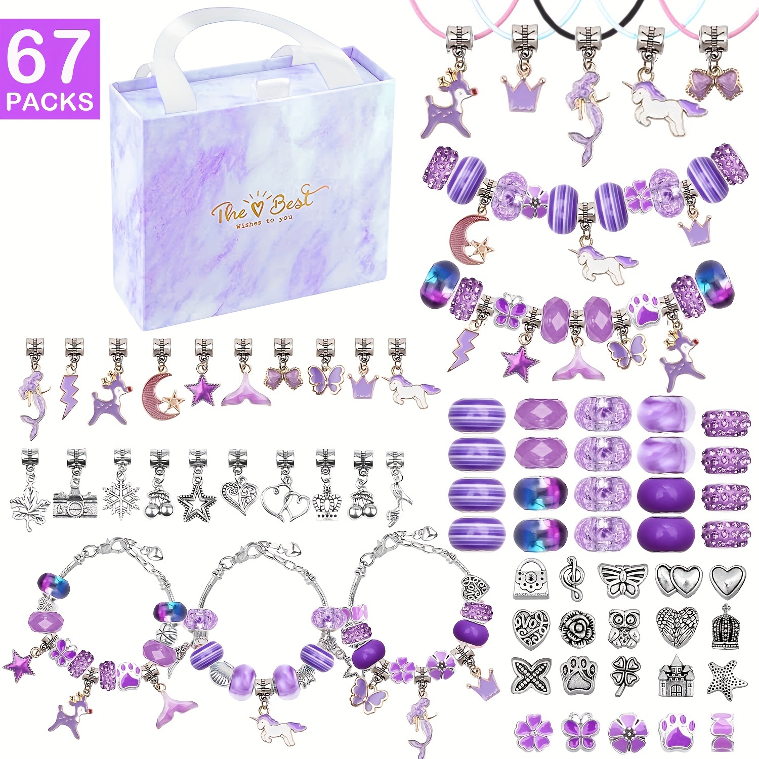 

67-pack Beading Set - Purple Unicorn & Mermaid Themed Charm Jewelry Kit With 60 Beads, 3 Chains & 3 Necklace Cords, Star-shaped & Charms, Diy Crafting Kit For Holiday Gifts